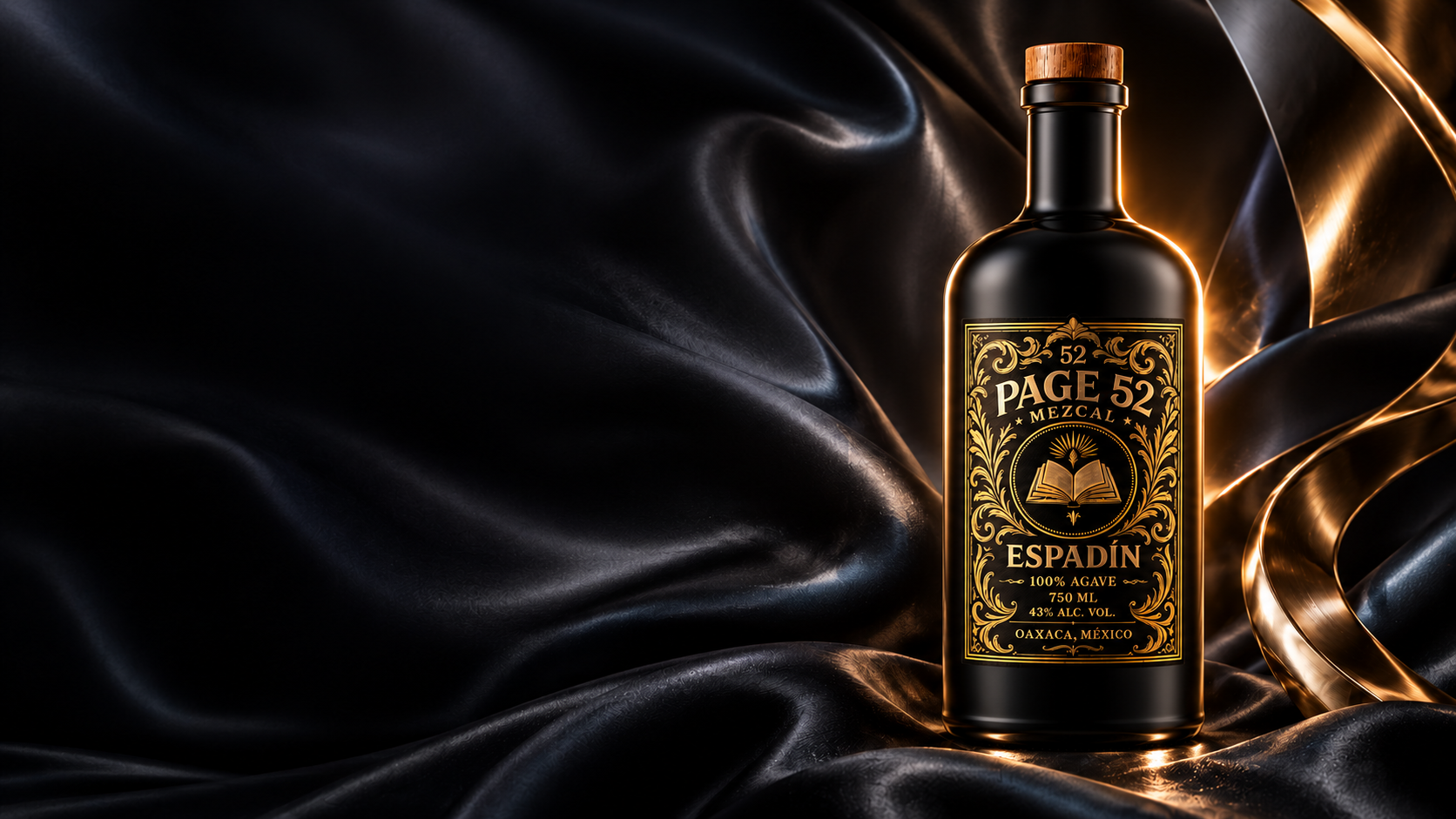 Page 52 Espadín black bottle against dark silk with warm gold light